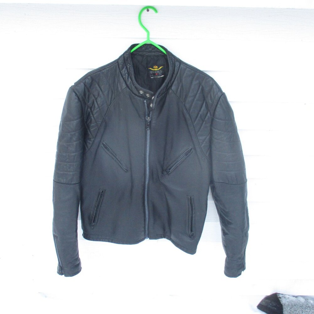 FAMOUS Mens Heavy Real Leather Biker Style Insulated Jacket Coat Black Size M